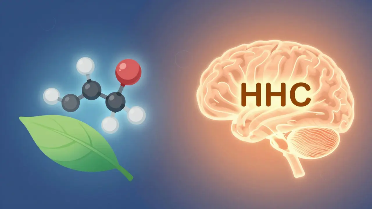 Vergleichende Darstellung von CBD- und HHC-Molekülen, die auf das Nervensystem wirken, in wissenschaftlichem Stil.