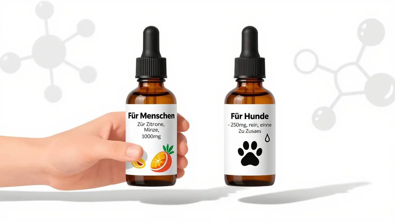 Zwei CBD-Flaschen nebeneinander: eine für Menschen mit Aromen, eine für Hunde mit reinem Inhalt und Pfotensymbol.