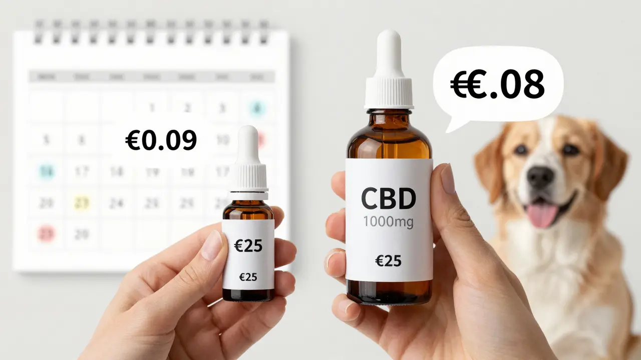 Zwei CBD-Öl-Flaschen mit Preisvergleich und Berechnung pro mg CBD.