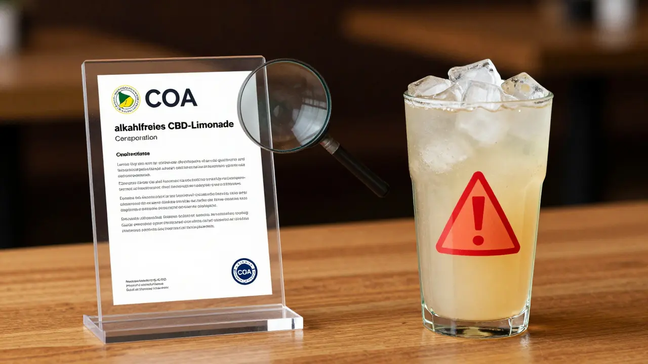 Zwei Getränke nebeneinander: ein reines CBD-Getränk mit Zertifikat und ein zuckerhaltiges, unklar markiertes Produkt.