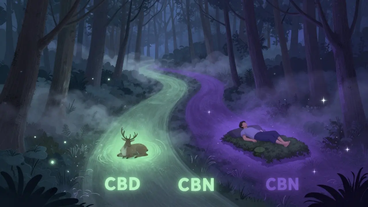Zwei sanfte Wege im Dämmerwald: CBD mit grünem Licht und ruhigem Tier, CBN mit purpurfarbenem Licht und schlafendem Menschen.