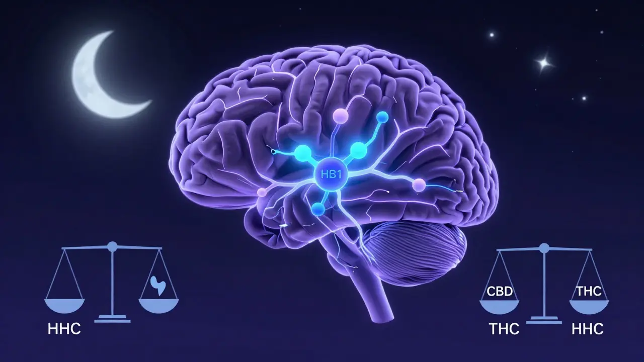 Abstrakte Darstellung eines Gehirns mit aktivierten CB1-Rezeptoren und HHC-Molekülen in der Nacht.