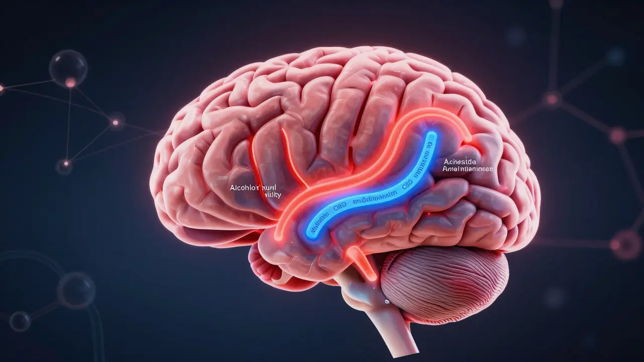 Abstrakte Darstellung eines Gehirns mit roten und blauen neuronalen Wegen für Alkohol und CBD.