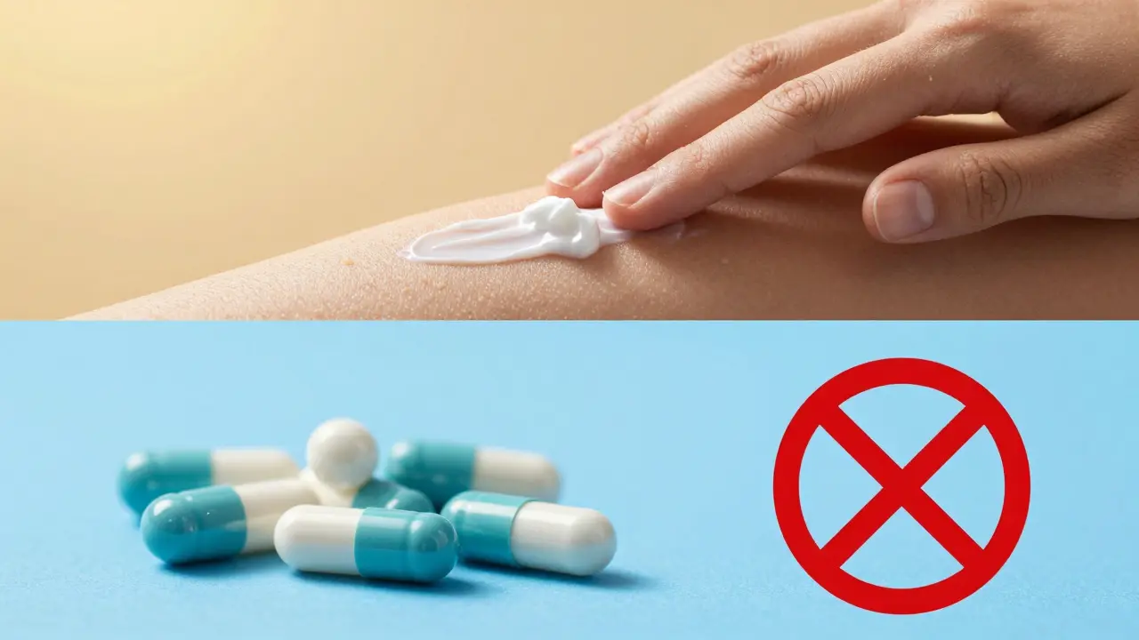 Aufgeteilt: CBD-Creme auf Haut (legal) und verbotene Kapsel