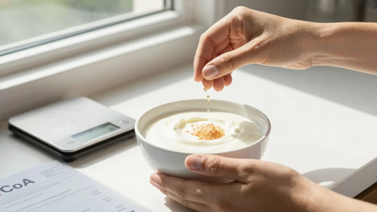 CBD-Kristalle werden in Joghurt gerührt, unauffällig und geschmacklos.