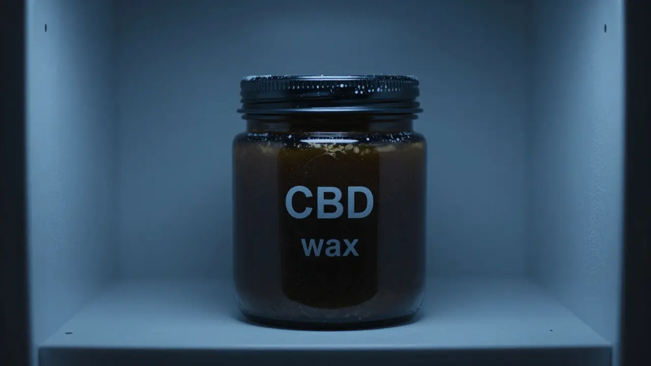 CBD-Wachs in dunklem Glasbehälter, kühle Lagerung