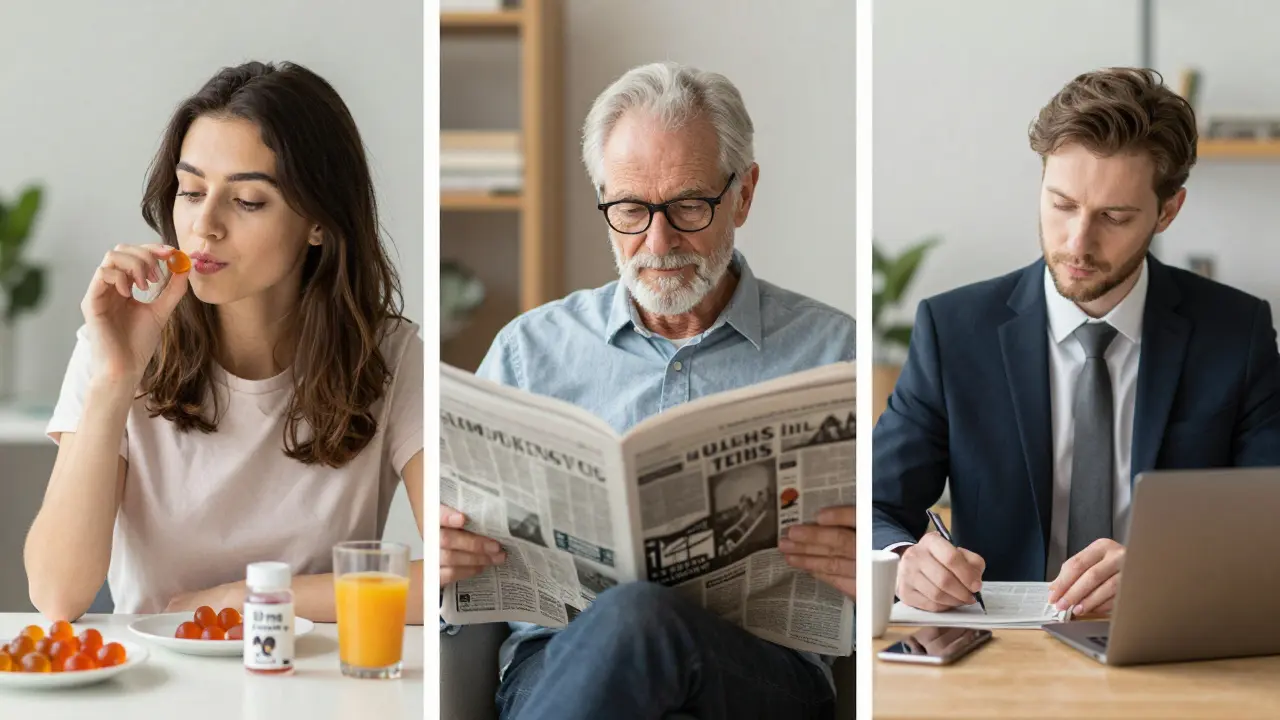 Drei Alltagsszenen: jemand nimmt morgens ein CBD-Gummibärchen, ein älterer Mann wirkt entspannt, eine Berufstätige arbeitet ruhig.