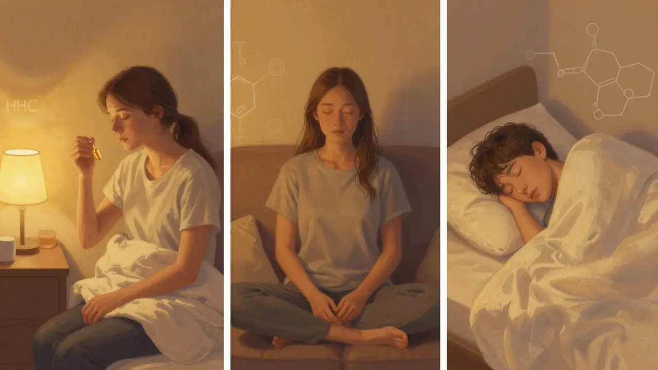 Drei Menschen in abendlichen Szenen: HHC-Einnahme, Meditation und tiefes Schlafen.