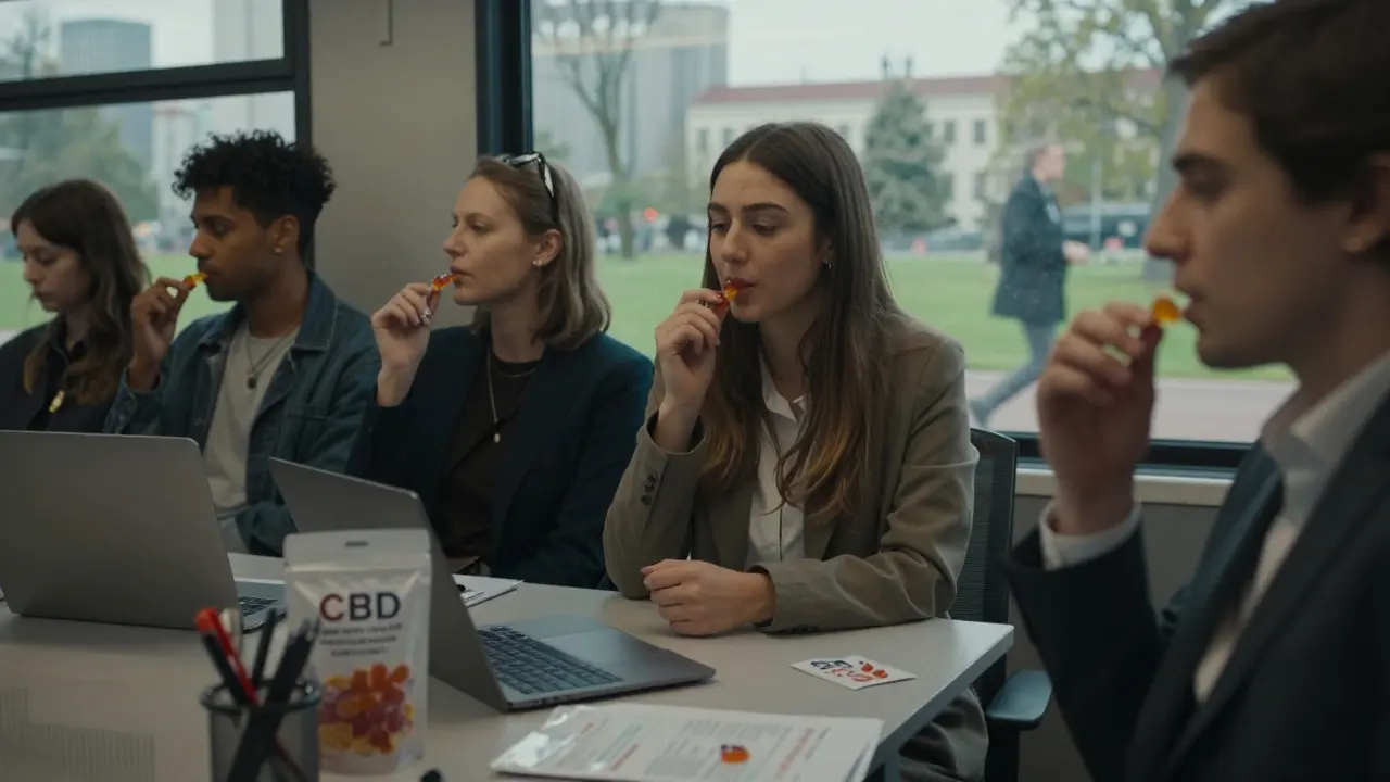 Drei Menschen in unterschiedlichen Alltagssituationen genießen diskret ein CBD-Gummibonbon.
