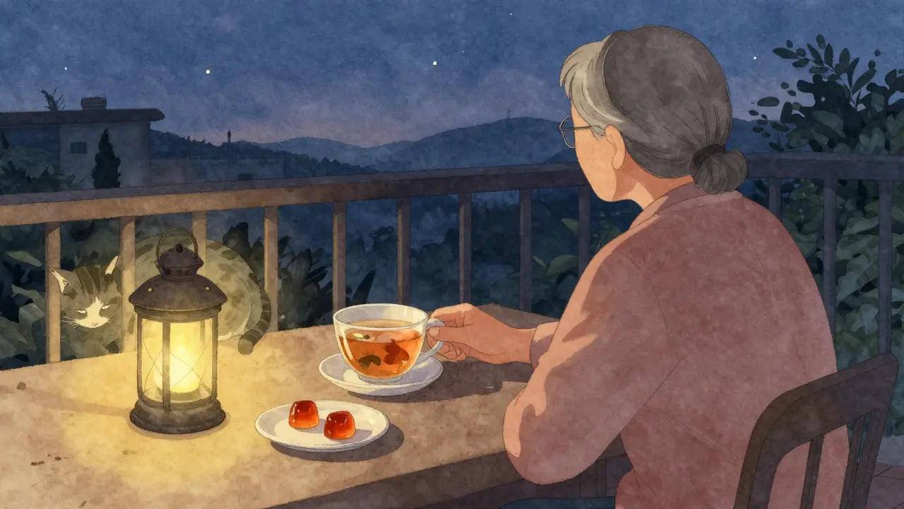 Ein älterer Mensch entspannt am Abend auf dem Balkon mit einem CBD-Gummibonbon und Kräutertee.