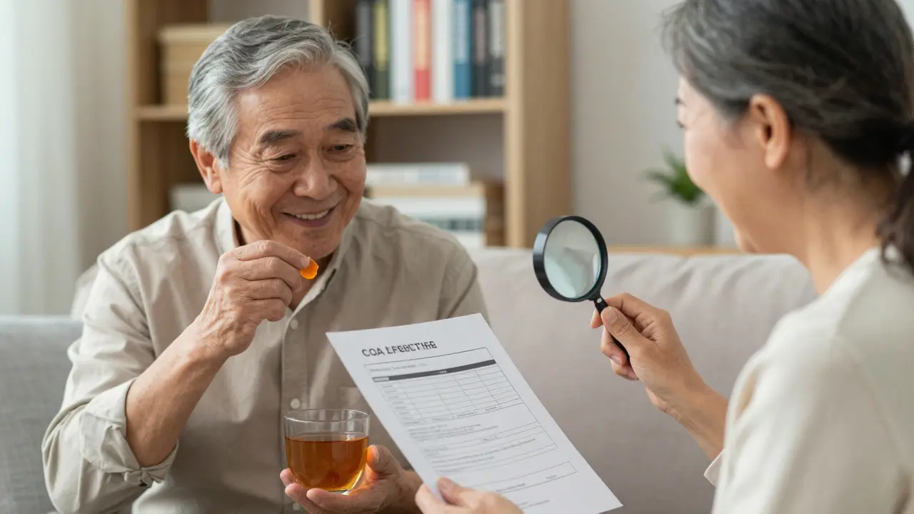 Ein älteres Paar betrachtet ein Zertifikat für CBD-Qualität, während der Mann einen Gummibärchen einnimmt.