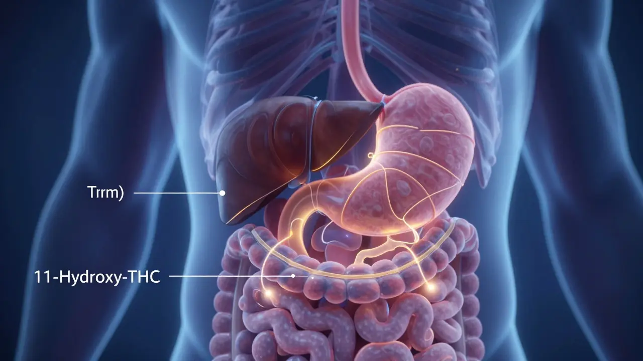 Ein schematischer Blick auf den Verdauungstrakt, bei dem Cannabinoide in der Leber umgewandelt werden.