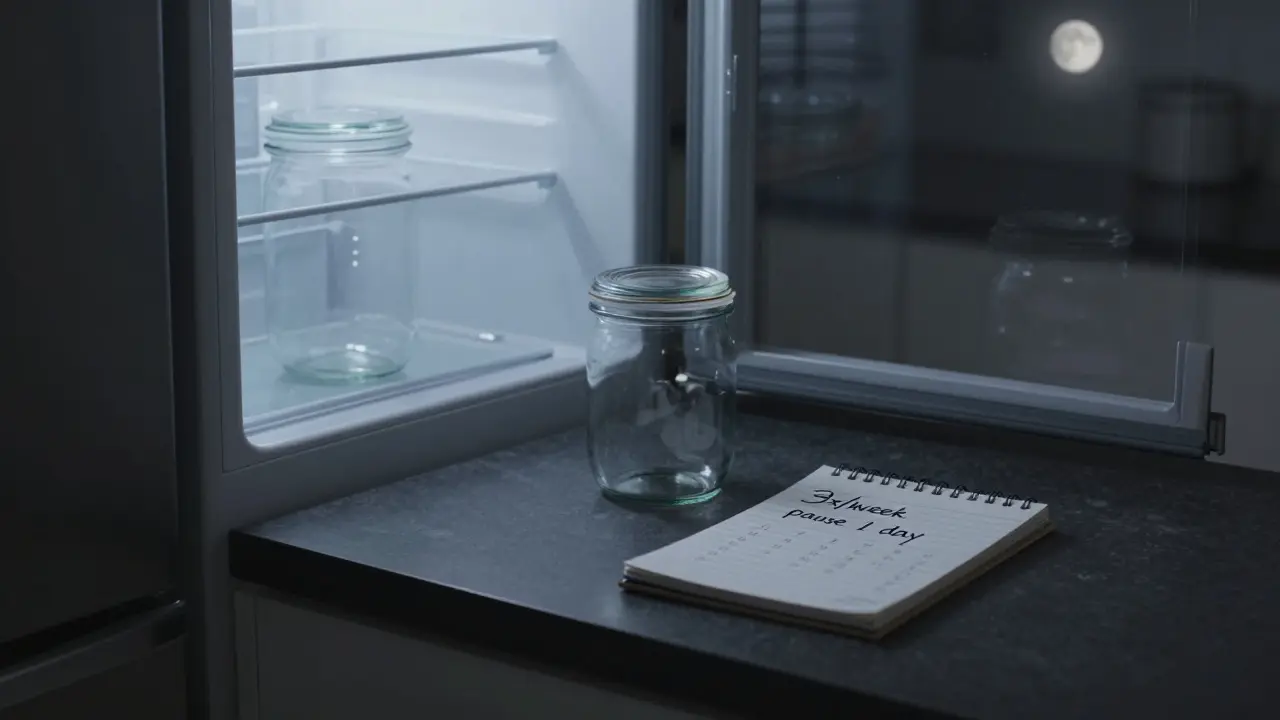 Ein verschlossenes Glasgefäß mit Big Bud im Kühlschrank, neben einem Notizblock mit Gebrauchshinweisen.