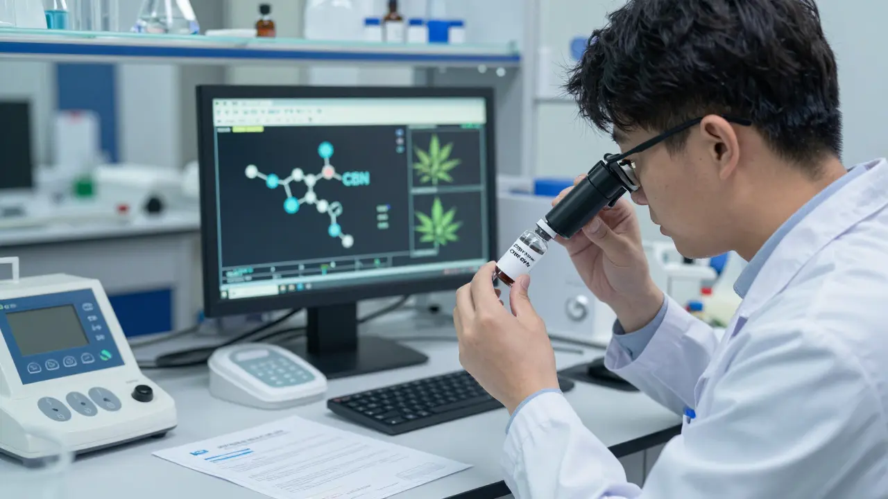Ein Wissenschaftler untersucht in einem Labor ein CBN-Präparat mit Laborgeräten.
