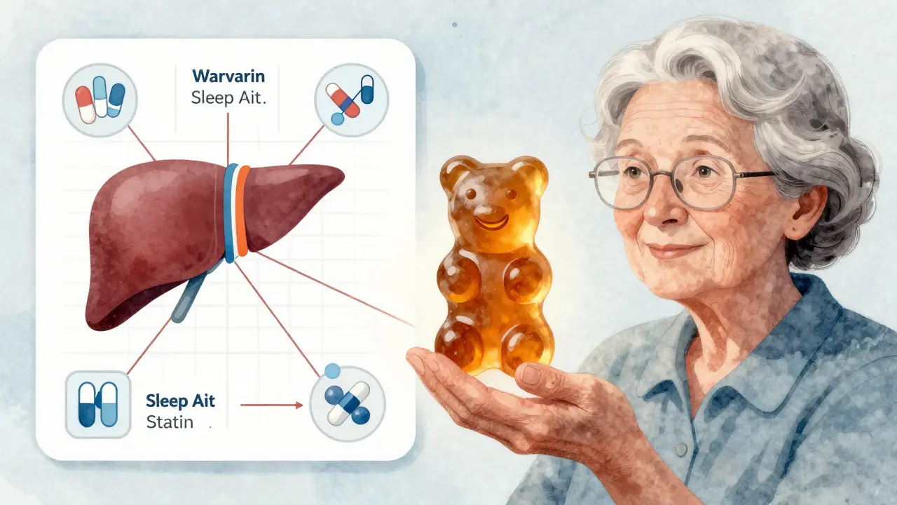 Eine ältere Frau hält ein CBD-Gummibärchen neben einem medizinischen Diagramm mit Wechselwirkungen.