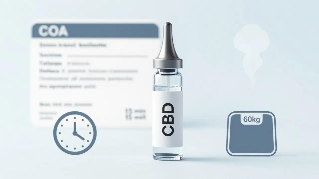 Eine CBD-Kartusche mit COA-Zertifikat und visuellen Hinweisen zur Dosierung in einem klaren, medizinischen Stil.