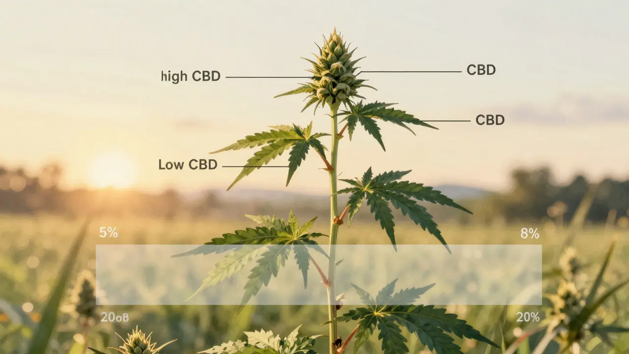 Eine Hanfpflanze mit beschrifteten Teilen, die CBD-Konzentration in den Blüten im Vergleich zu Stängeln zeigt.