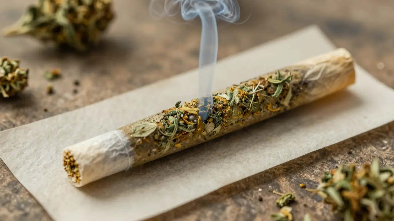 Eine Joint aus Hanfblüten und CBD-Crumble, die gleichmäßig verbrennt und Dampf abgibt.