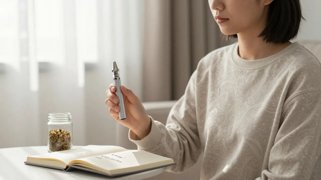 Eine Person entspannt mit einem Vaporizer, ein Glas CBD-Crumble daneben, ruhiges Licht und ein Notizbuch.