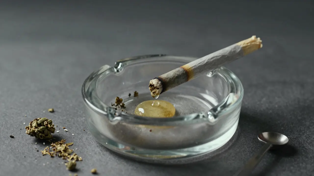 Eine verbrennende Joint mit einem tropfenden Crumble-Tropfen am Filter.