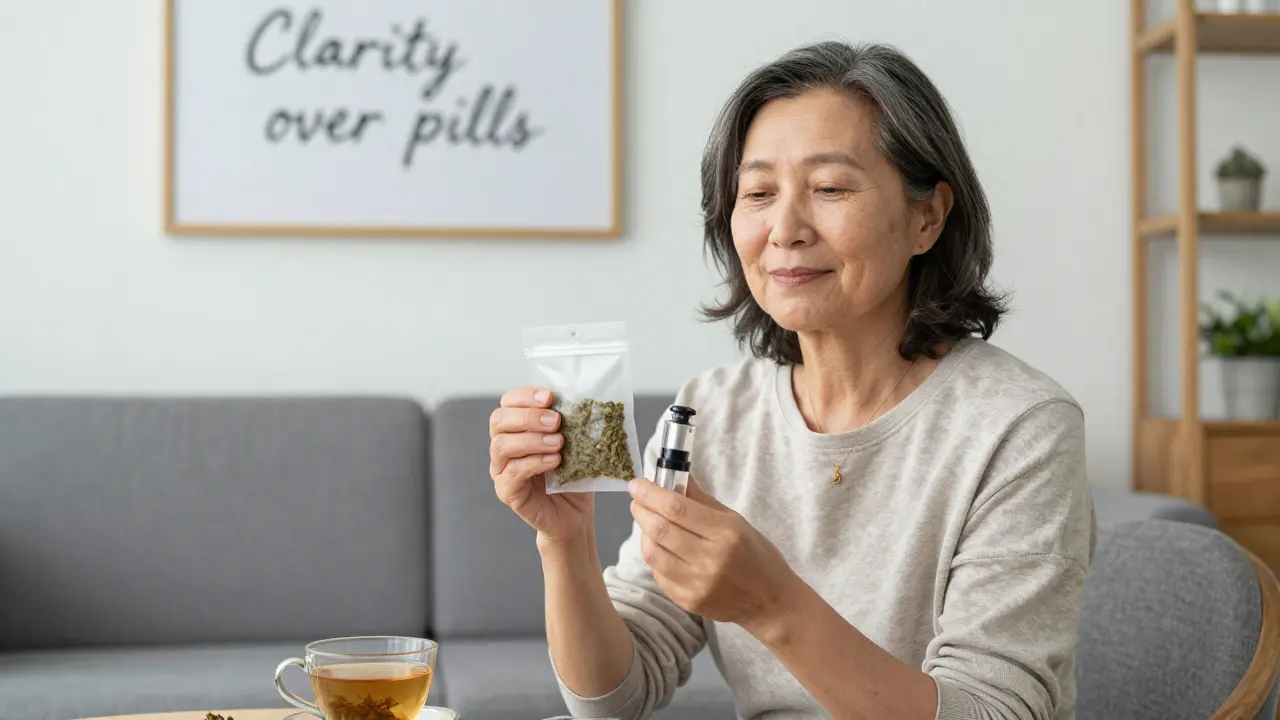 Frau hält CBD-Blüten und Vaporizer, umgeben von entspannter Alltagsatmosphäre.