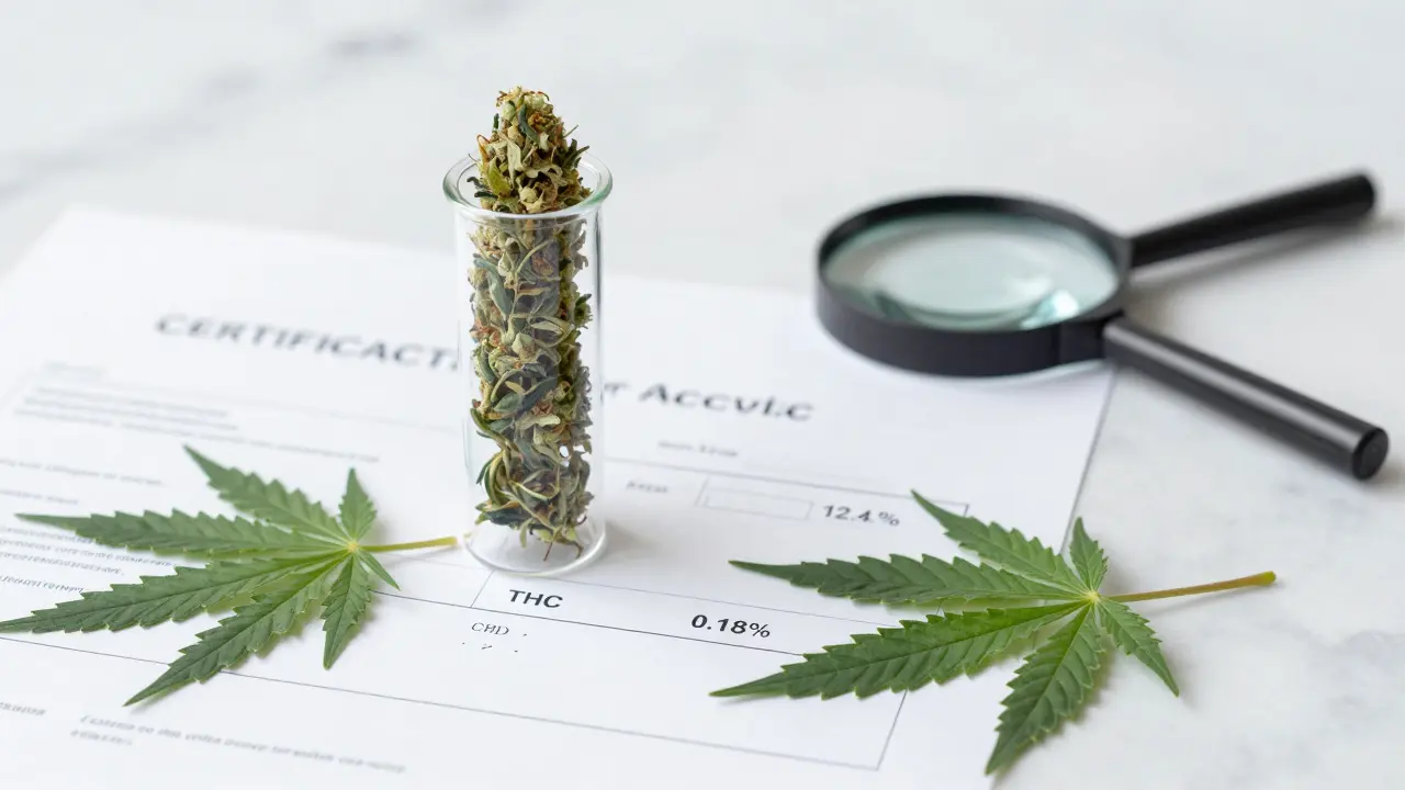 Hanfblüten in einem Laborvial neben einem Analysebericht mit CBD- und THC-Werten.