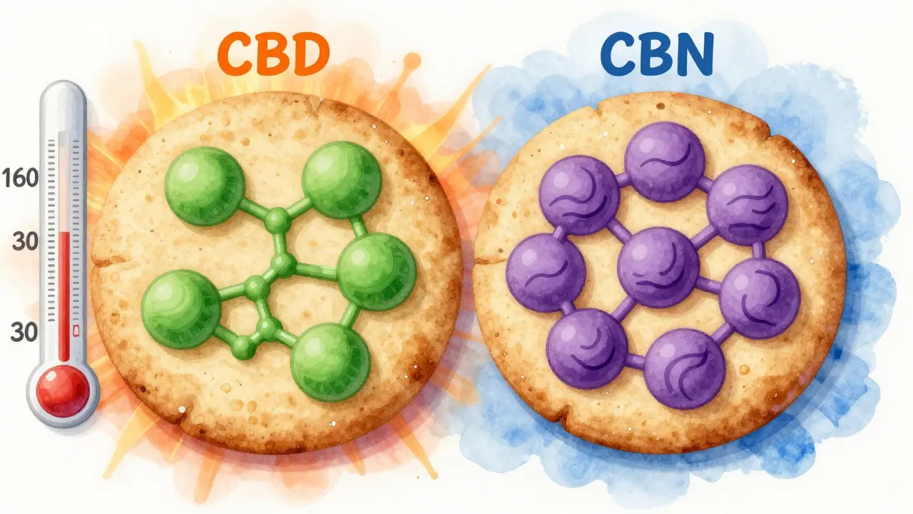 Künstlerische Darstellung von CBD, das sich beim Backen in CBN verwandelt, mit Farbunterschieden für beide Moleküle.