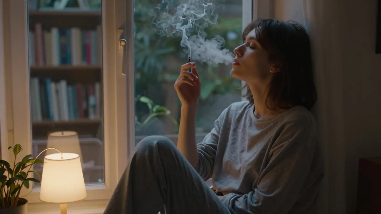 Person am Fenster sitzend, ruhig atmend, leichte Hanfrauchwolke im Licht der Dämmerung.