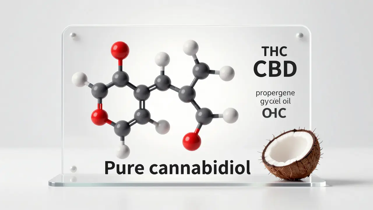 Reine CBD-Zutaten ohne THC-Moleküle in einem wissenschaftlichen Display.