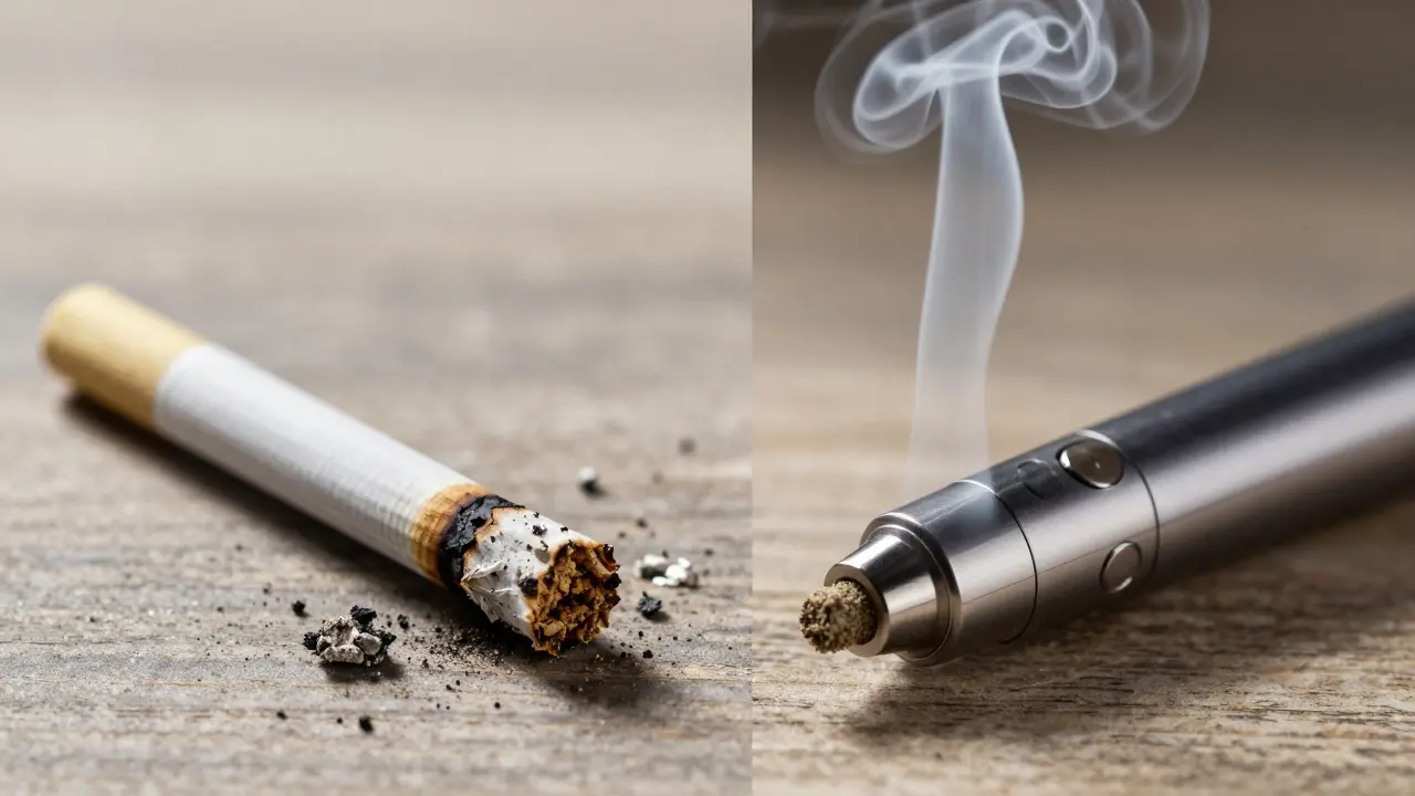 Vergleich: Verbrannte Zigarette mit CBD-Crumble links, klarer Dampf eines Vaporizers rechts.