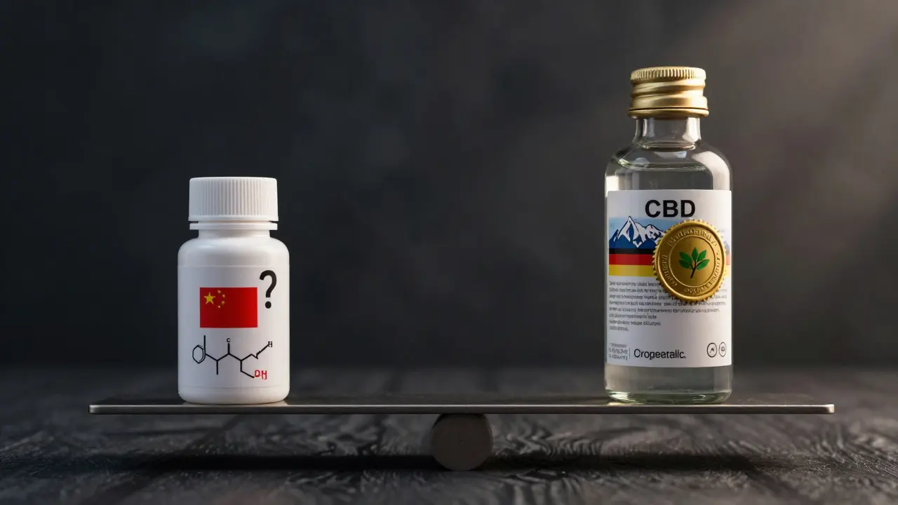Waage vergleicht billige CBD-Flasche mit premium Flasche, symbolisiert Risiko versus gesunde Investition.