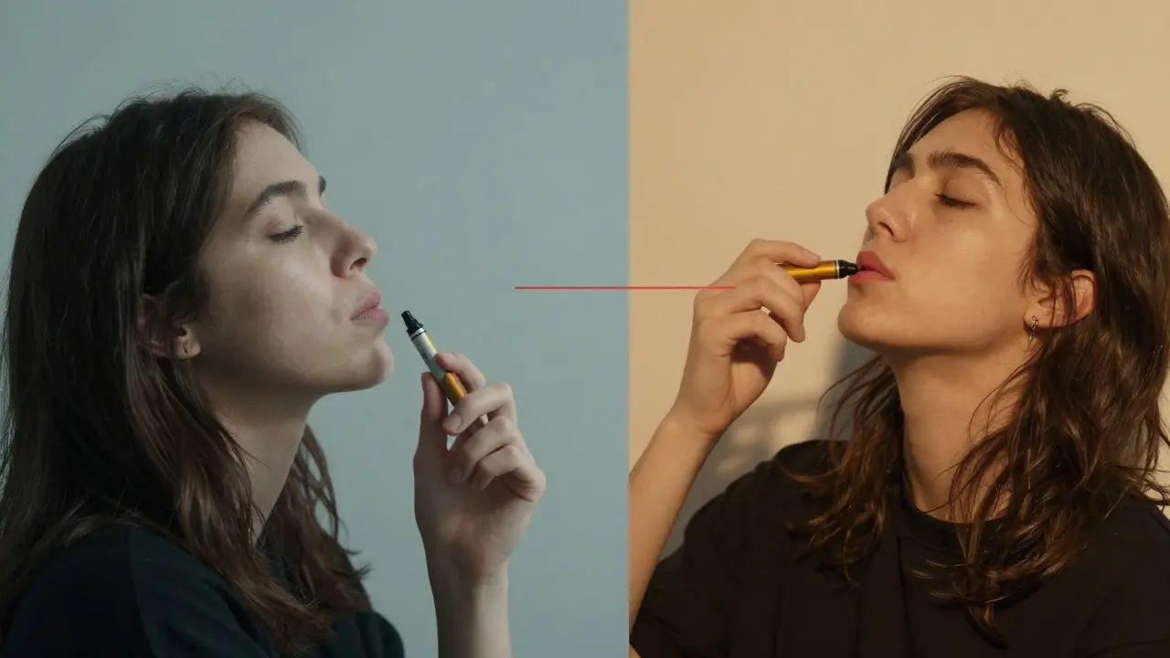 Zwei Ansichten desselben Menschen: entspannt nach einem Zug, verschwommen nach acht Zügen.