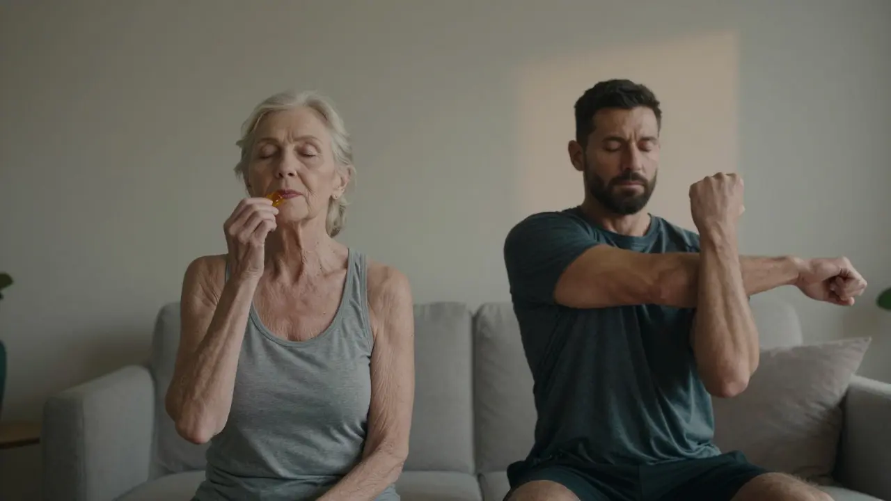 Zwei Menschen verschiedener Körpertypen genießen ruhige Momente nach Einnahme einer CBD-Gummibonbon.