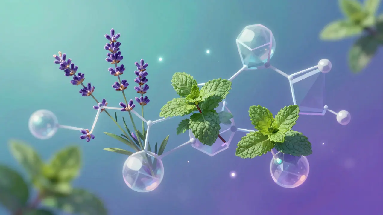 Abstrakte Kunst mit Molekülen und Kräutern, leuchtende Partikel, beruhigend.