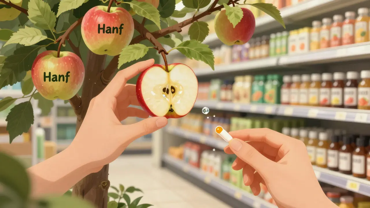 Apfelbaum mit Äpfeln, einer geöffneten Frucht enthält ein CBD-Molekül, daneben Hand mit Samen und CBD-Tropfen.