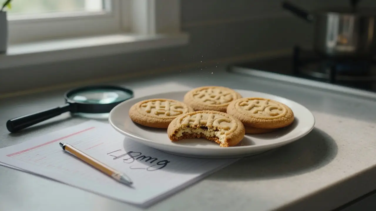 Drei HHC-Cookies auf einem Teller mit einer Laboranalyse und einer halb aufgegessenen Keks.