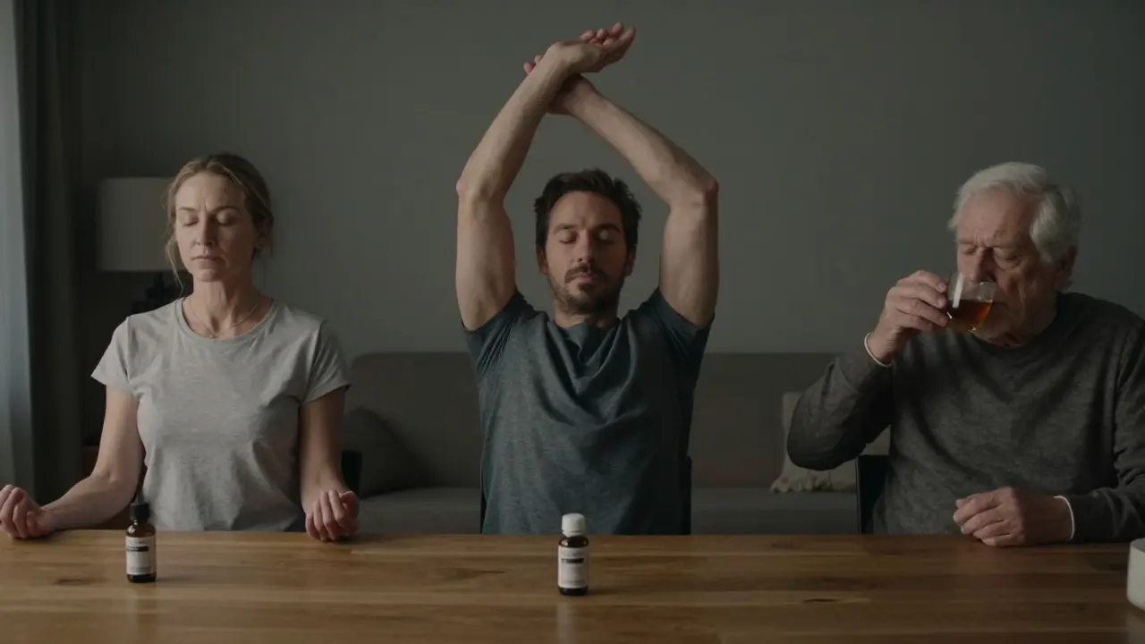Drei Menschen mit CBD-Öl-Flasche auf dem Tisch in unterschiedlichen Alltagssituationen