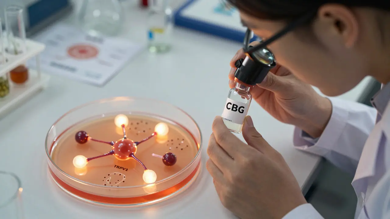 Ein Wissenschaftler untersucht CBG-Moleküle, die sich an Nervenrezeptoren binden, in einem Labor.