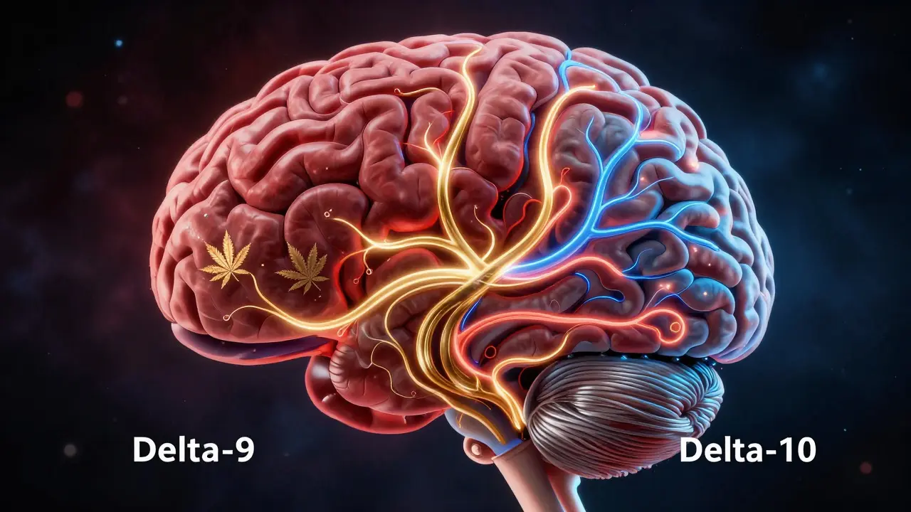 Eine menschliche Gehirnstruktur mit zwei unterschiedlich farbigen, leuchtenden Nervenwegen, die Delta-9 und Delta-10 repräsentieren.