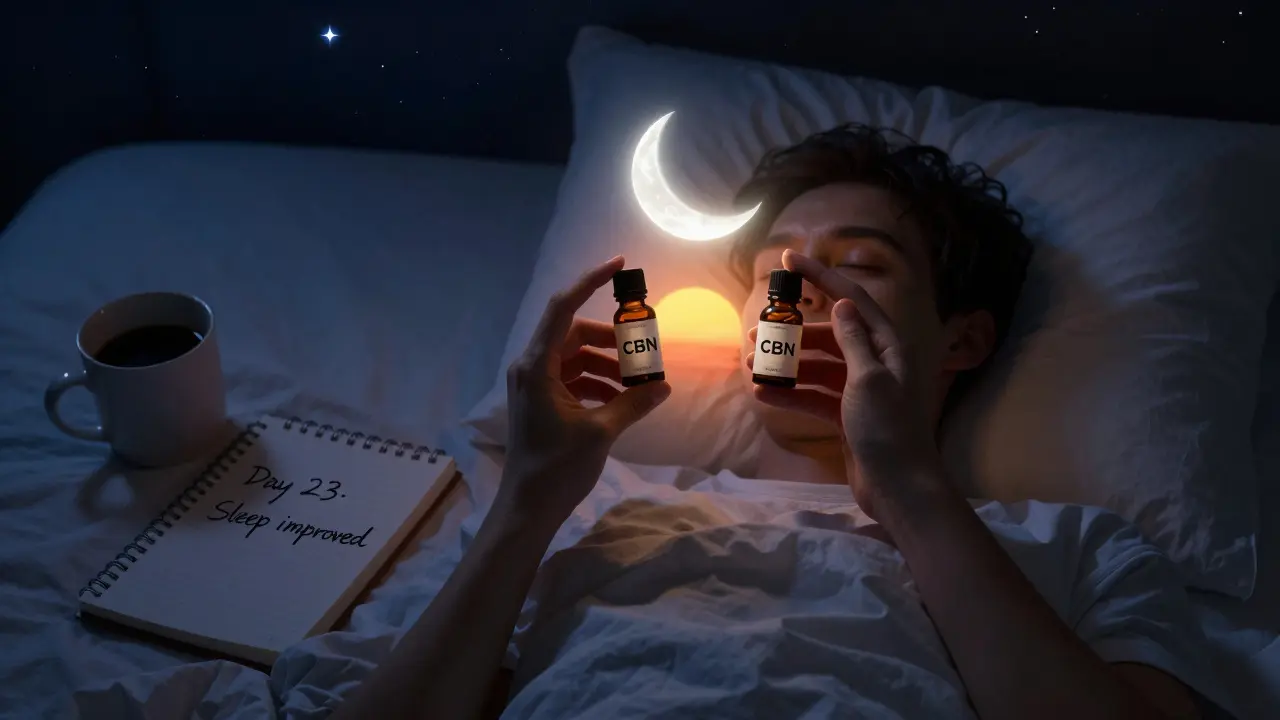 Eine Person im Bett mit CBD- und CBN-Flaschen, Tag und Nacht im Hintergrund, ruhig schlafend.