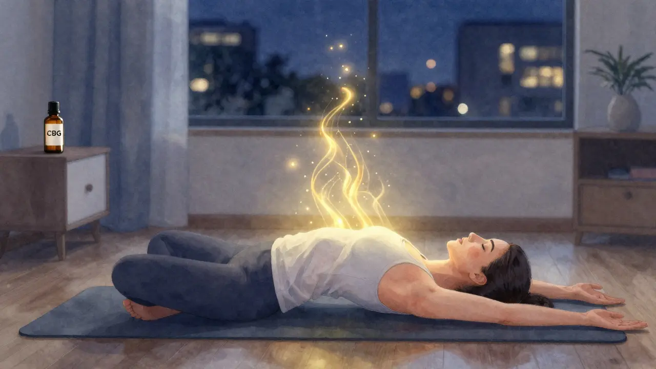 Eine Person macht sanfte Yogaübungen im Dunkeln, goldenes Licht strahlt sanft von ihrem Körper aus.