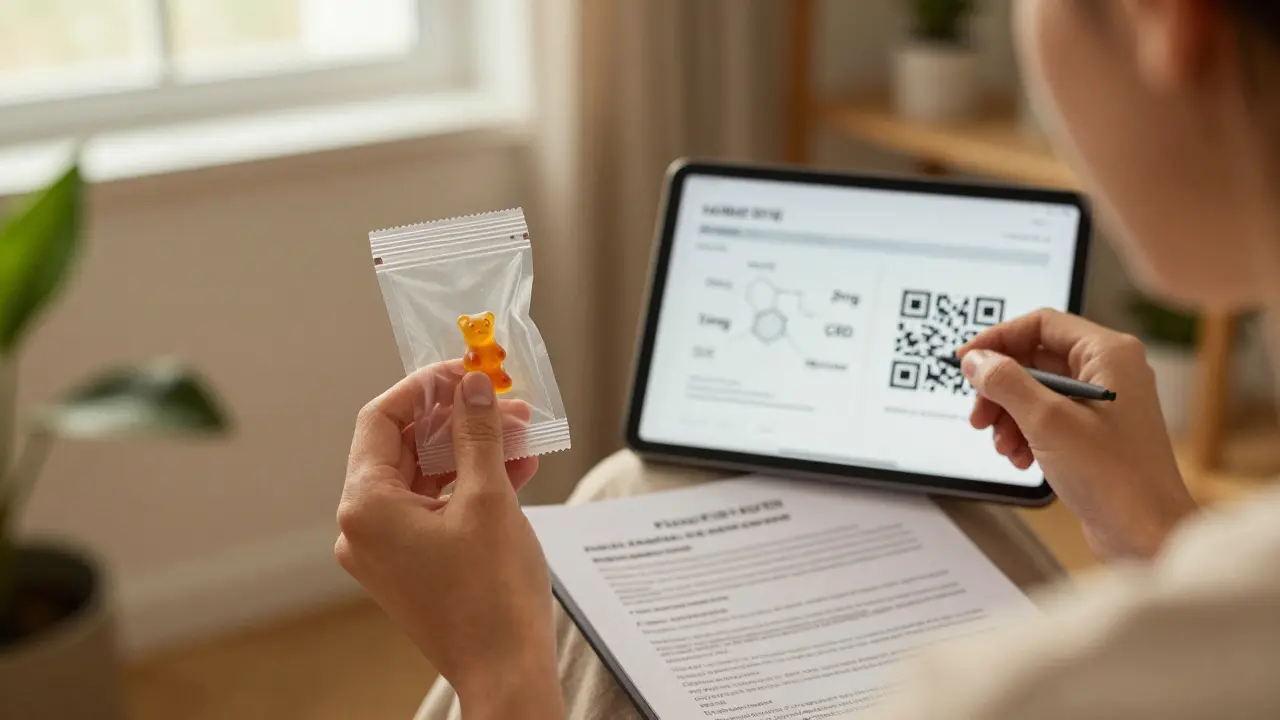 Eine Person scannt einen QR-Code auf einer Gummibärchen-Packung, die chemische Zusammensetzung wird auf einem Tablet angezeigt.