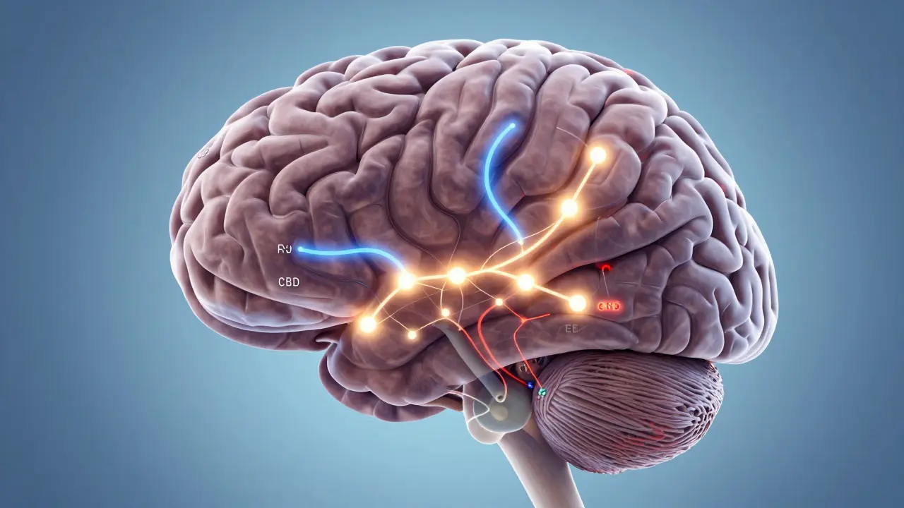 Eine schematische Darstellung des menschlichen Gehirns mit aktivierten Neurotransmitter-Systemen durch CBD.