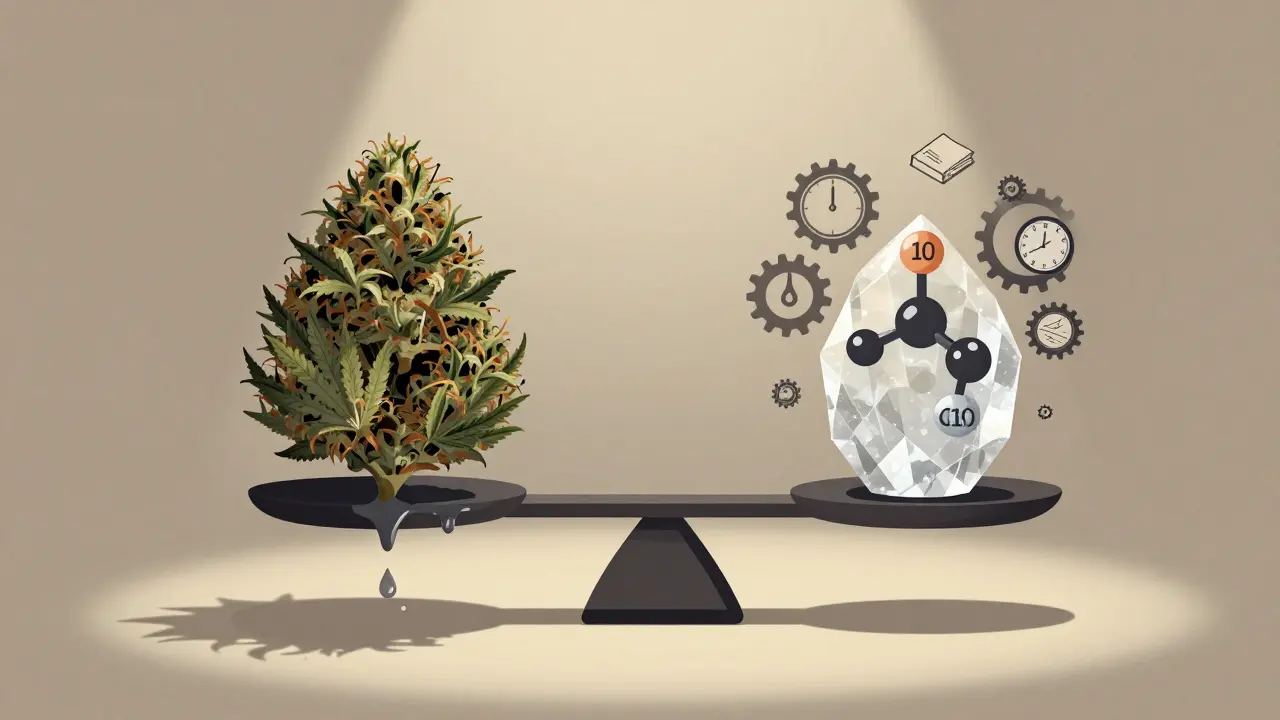 Eine Waage, die ein schweres Cannabis-Extrakt gegen einen leichten, kristallinen Delta-10-Molekül-Cluster abwägt, symbolisch für starke vs. sanfte Wirkung.