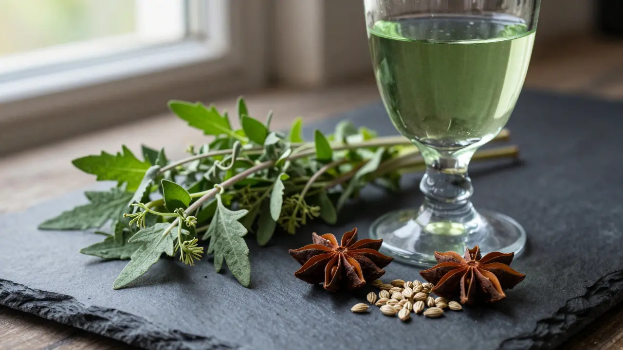Frische Wermutblätter und Sternanis neben gefülltem Glas.