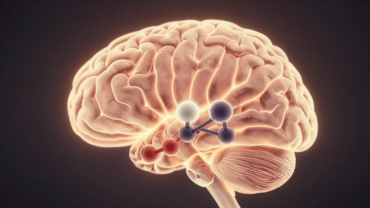 Gehirn mit CBD-Molekülen, die sanft auf Rezeptoren wirken, während ein winziger THC-Partikel passiert.
