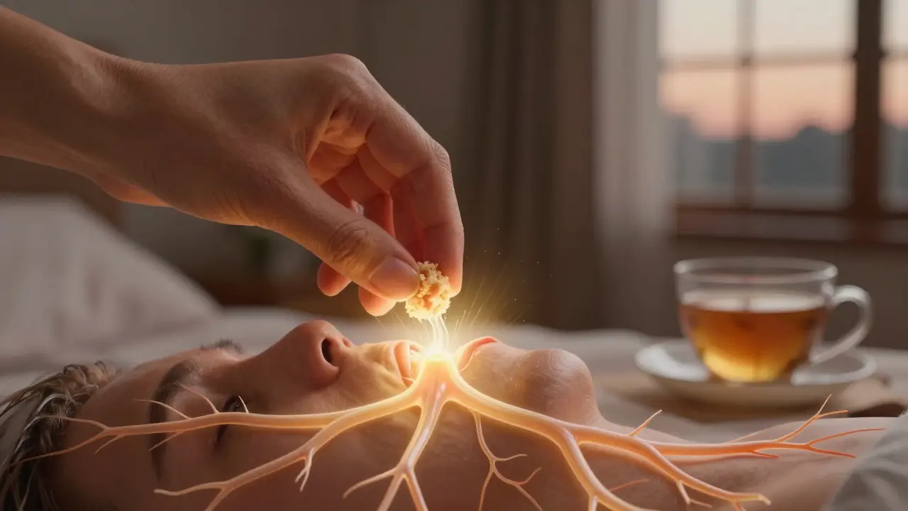 Hand legt CBD-Crumble unter die Zunge, goldenes Licht strahlt in Blutgefäße