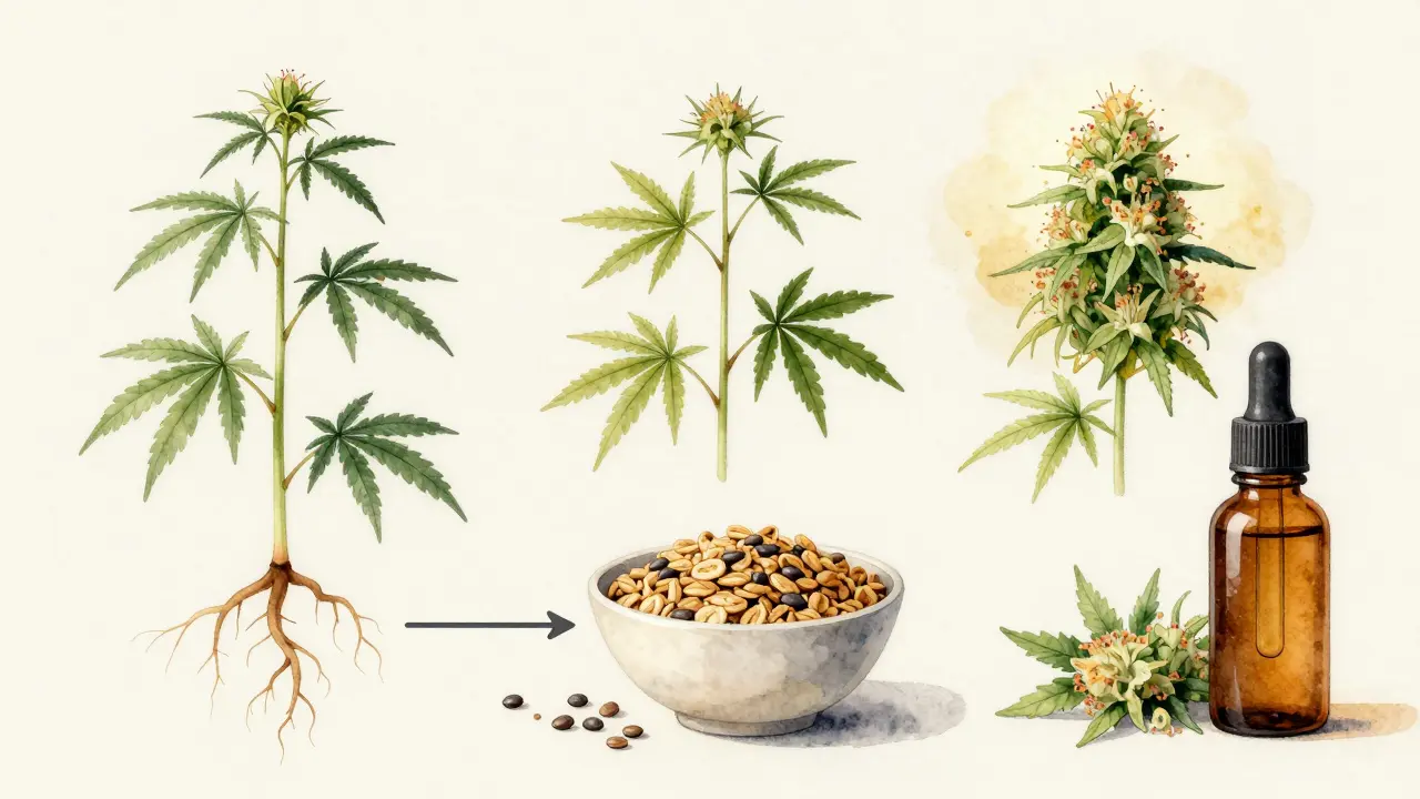 Hanfpflanze mit beschrifteten Teilen: Samen für Lebensmittel, Blüten für CBD-Extraktion, in sanfter Aquarellfarbe.