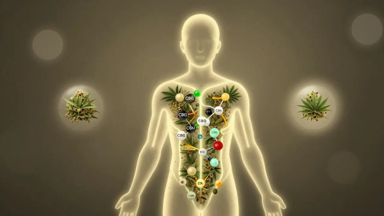 Illustration des Entourage-Effekts: CBD-Moleküle in Synergie mit anderen Pflanzenstoffen im Körper.