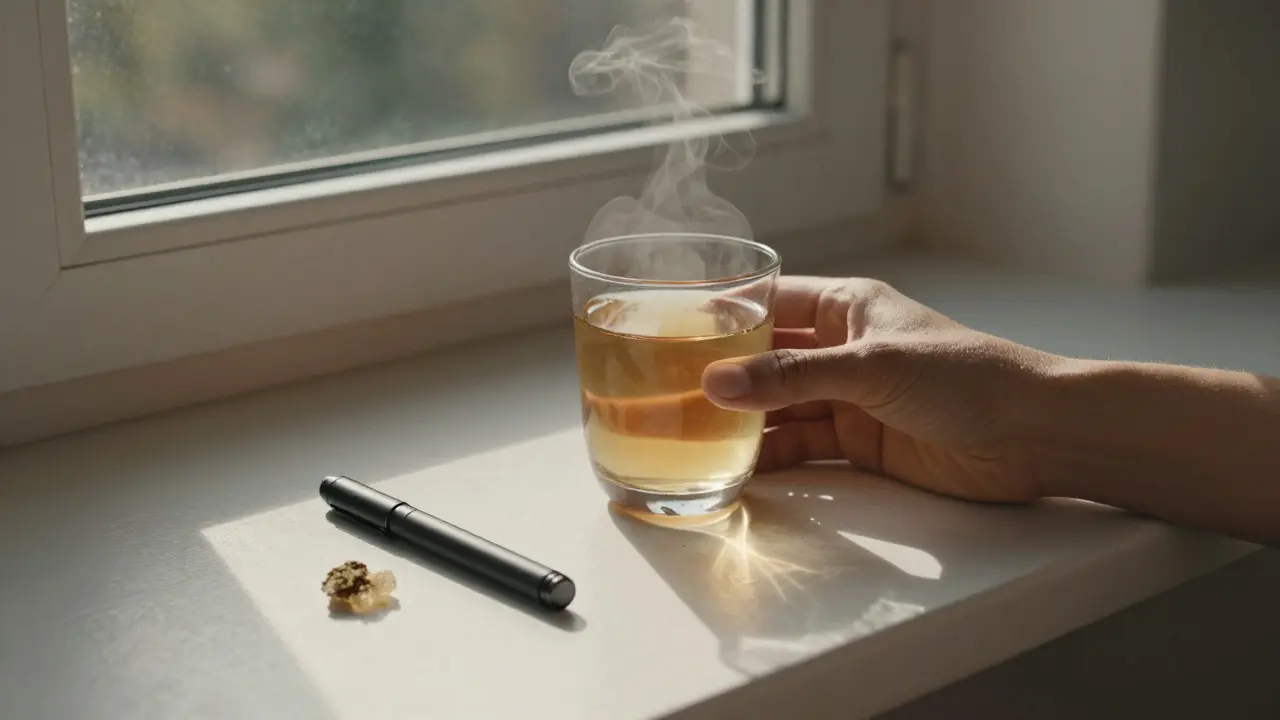 Person trinkt CBD-Blüten-Tee am Morgen, während Shatter ungenutzt danebenliegt.